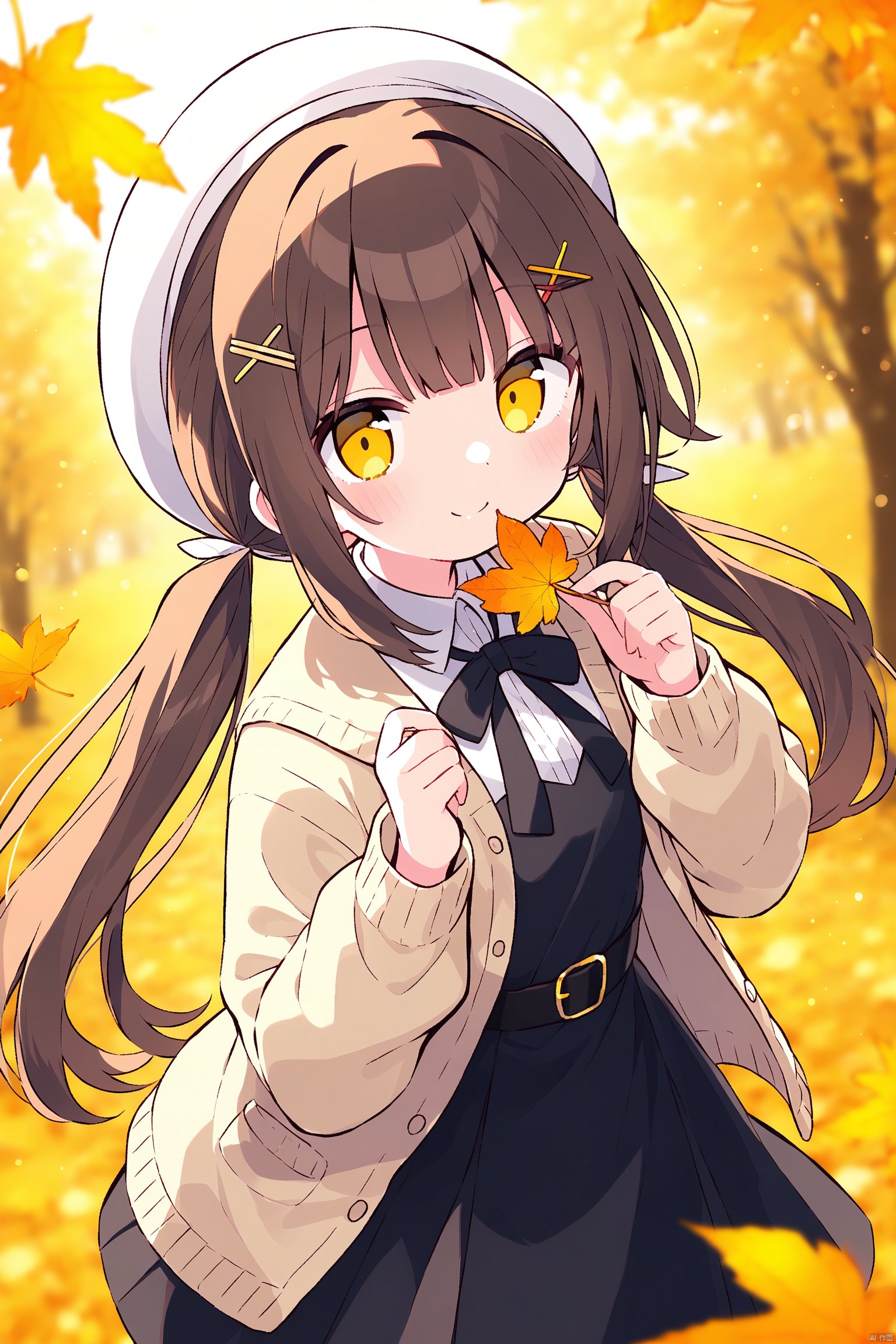 1girl, autumn leaves, solo, dress, maple leaf, hair ornament, long hair, leaf, black dress, hat, twintails, smile, holding, blurry, looking at viewer, x hair ornament, long sleeves, autumn, white headwear, yellow eyes, sleeveless dress, holding leaf, closed mouth, open clothes, pinafore dress, sleeveless, white hair, blurry foreground, beret, blush, depth of field, low twintails, belt, open cardigan, blurry background, cardigan, outdoors, sidelocks, standing