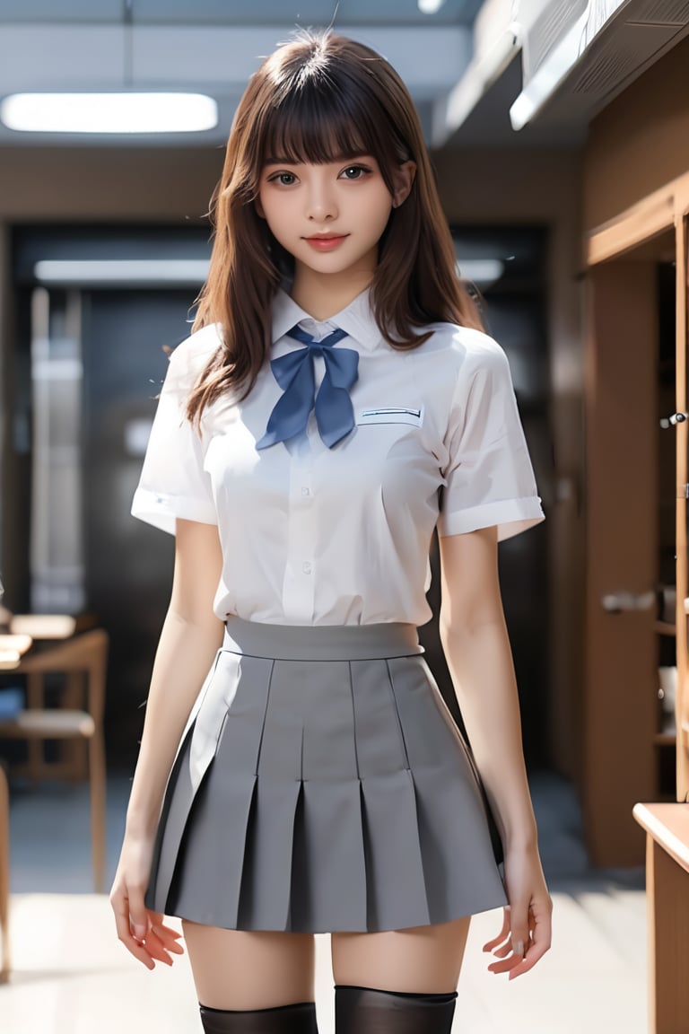 Arad woman posing for photo in short skirt and white shirt, Surrealism female students, Surrealism female students, Realistic , photorealistic anime girl rendering, thighhighs and skirt, 3 d anime realistic, small curvaceous , wearing skirt and high socks, Photorealistic anime, cute female student, Realistic anime 3 D style, female student,
 asianbeauty