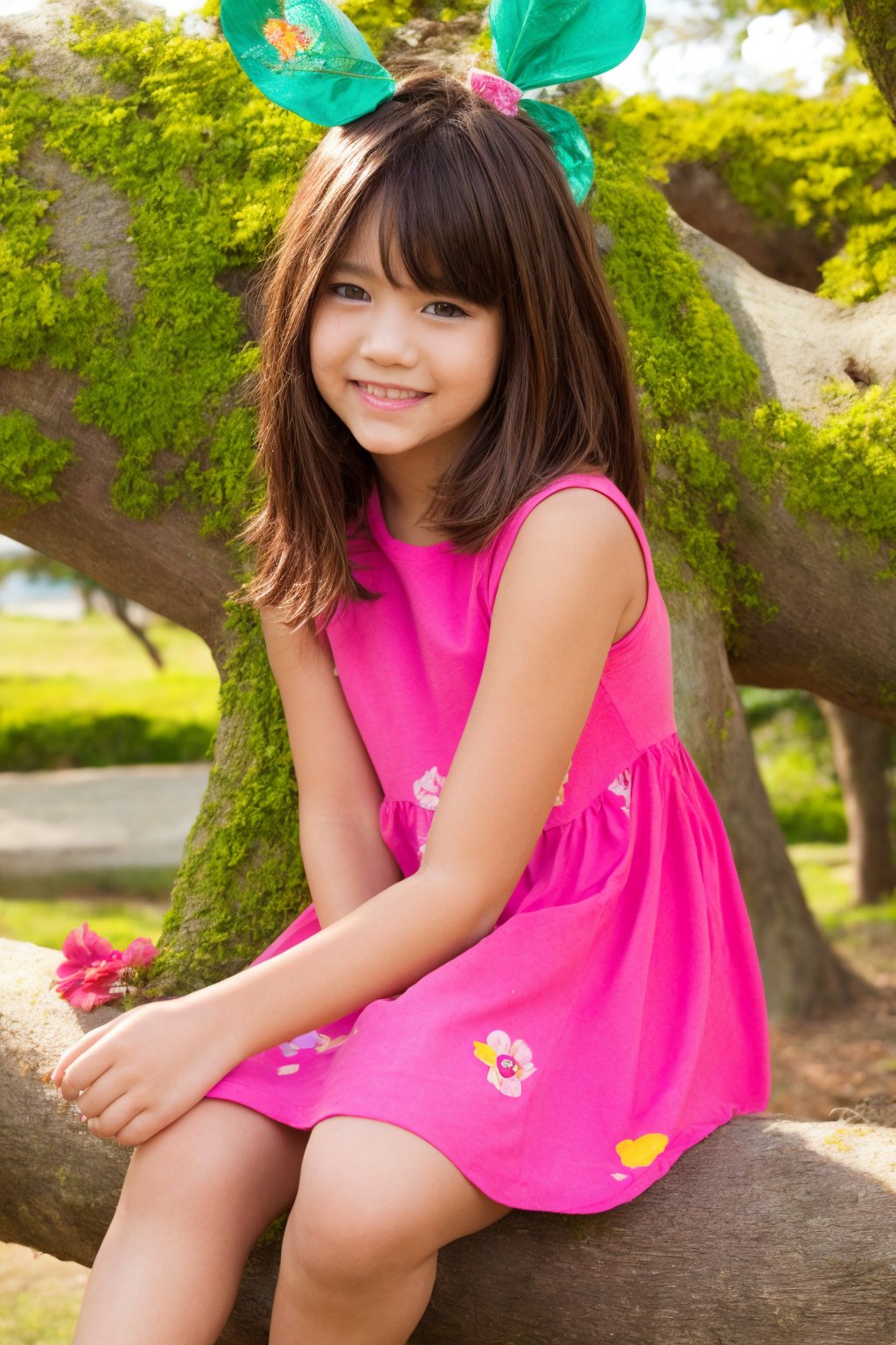 1girl, solo, looking at viewer, smile, brown hair, black hair, dress, sitting, flower, teeth, tree, pink dress, realistic