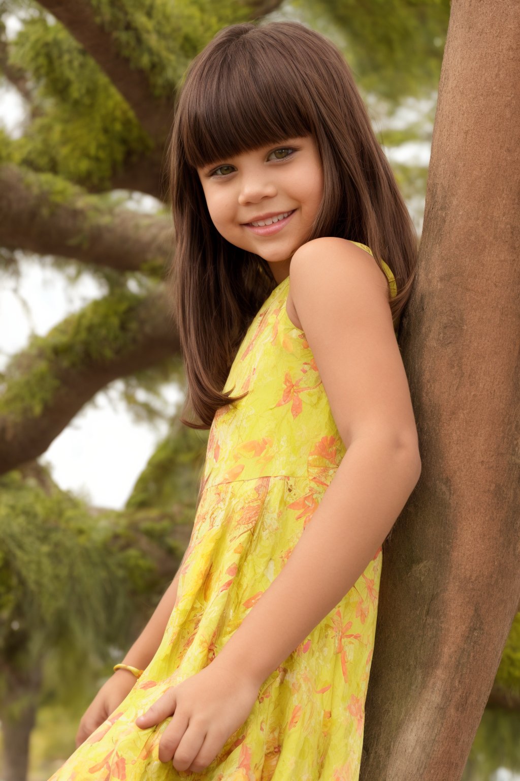 1girl, solo, long hair, looking at viewer, smile, bangs, brown hair, dress, brown eyes, sleeveless, blunt bangs, tree, sleeveless dress, realistic, yellow dress, photo background