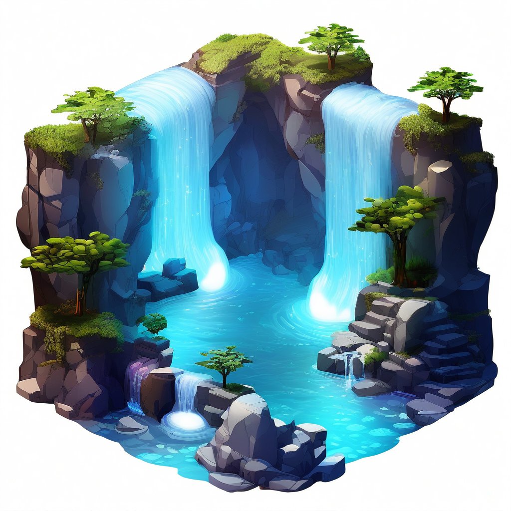 The big bright cave is lit by flowing blue water that glows with waterfalls and white leafy trees,isometric style