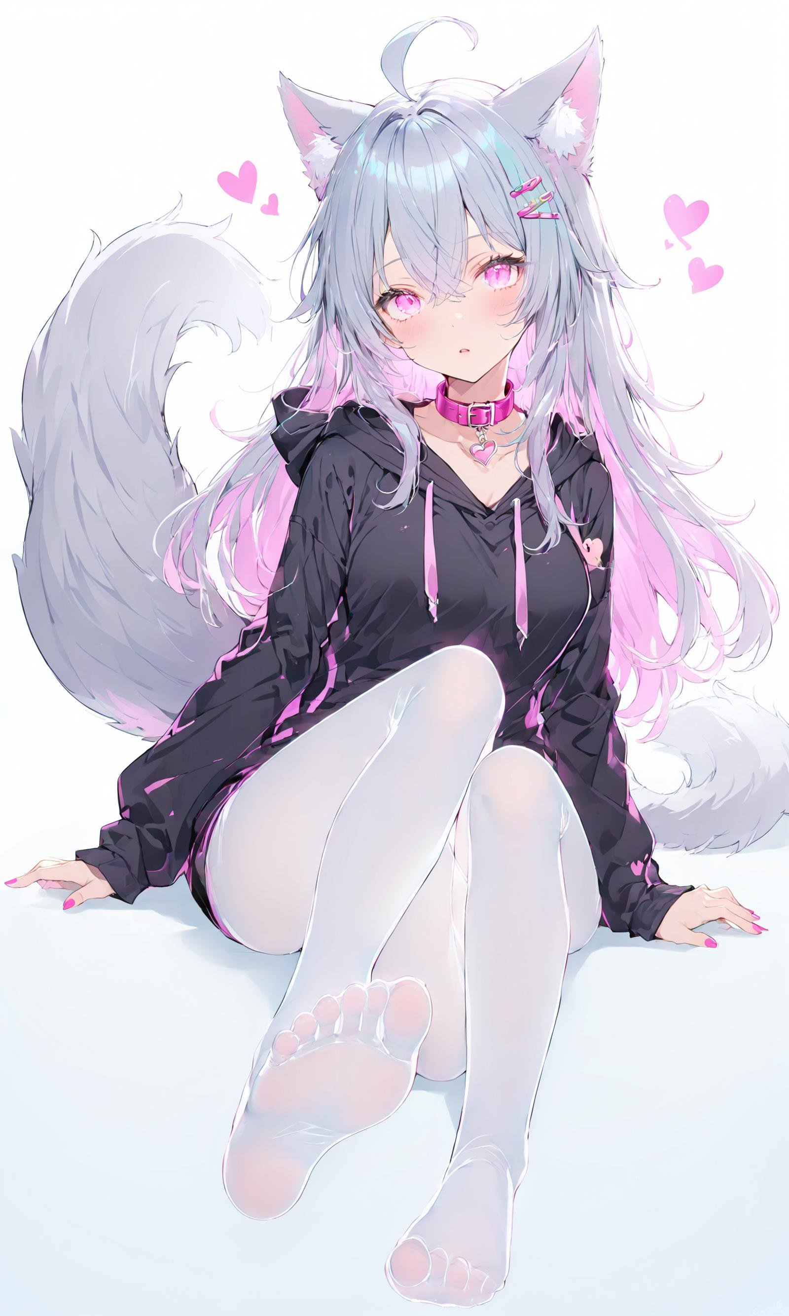 1girl, solo, long hair, looking at viewer, bangs, simple background, hair ornament, long sleeves, white background, animal ears, hair between eyes, tail, full body, ahoge, grey hair, heart, pantyhose, lying, parted lips, hairclip, hood, on back, pink eyes, nail polish, collar, feet, animal ear fluff, sleeves past wrists, hoodie, toes, no shoes, soles, wolf ears, hood down, foreshortening, wolf tail, white pantyhose, crossed bangs, wolf girl, foot focus, black hoodie,,masterpiece, best quality, score_9, score_8_up, score_7_up, ultra-detailed, Best-A, Medium-B, Low-C, Bad-D,   <lora:Poutlines:0.8>