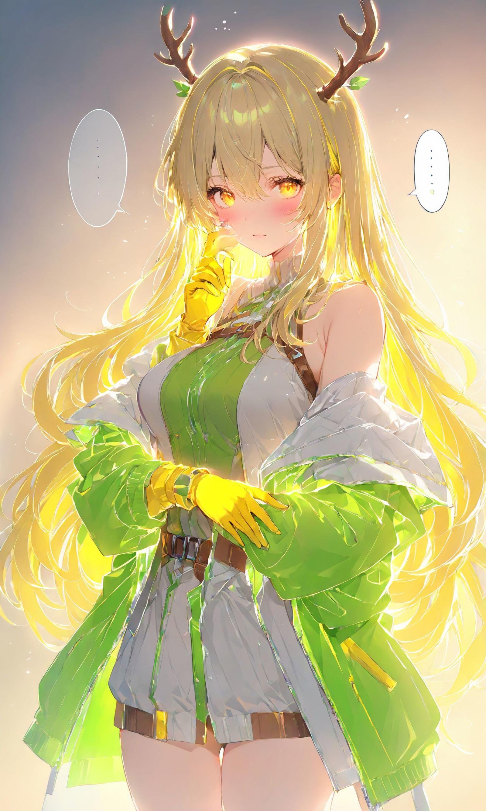 1girl, solo, long hair, looking at viewer, blush, bangs, blonde hair, gloves, long sleeves, dress, hair between eyes, bare shoulders, very long hair, closed mouth, jacket, yellow eyes, grey hair, multicolored hair, cowboy shot, green hair, open clothes, hand up, off shoulder, open jacket, hair intakes, white jacket, ..., hand on own face, spoken ellipsis, antlers, yellow gloves,masterpiece, best quality, score_9, score_8_up, score_7_up, ultra-detailed, Best-A, Medium-B, Low-C, Bad-D,   <lora:Poutlines:0.8>