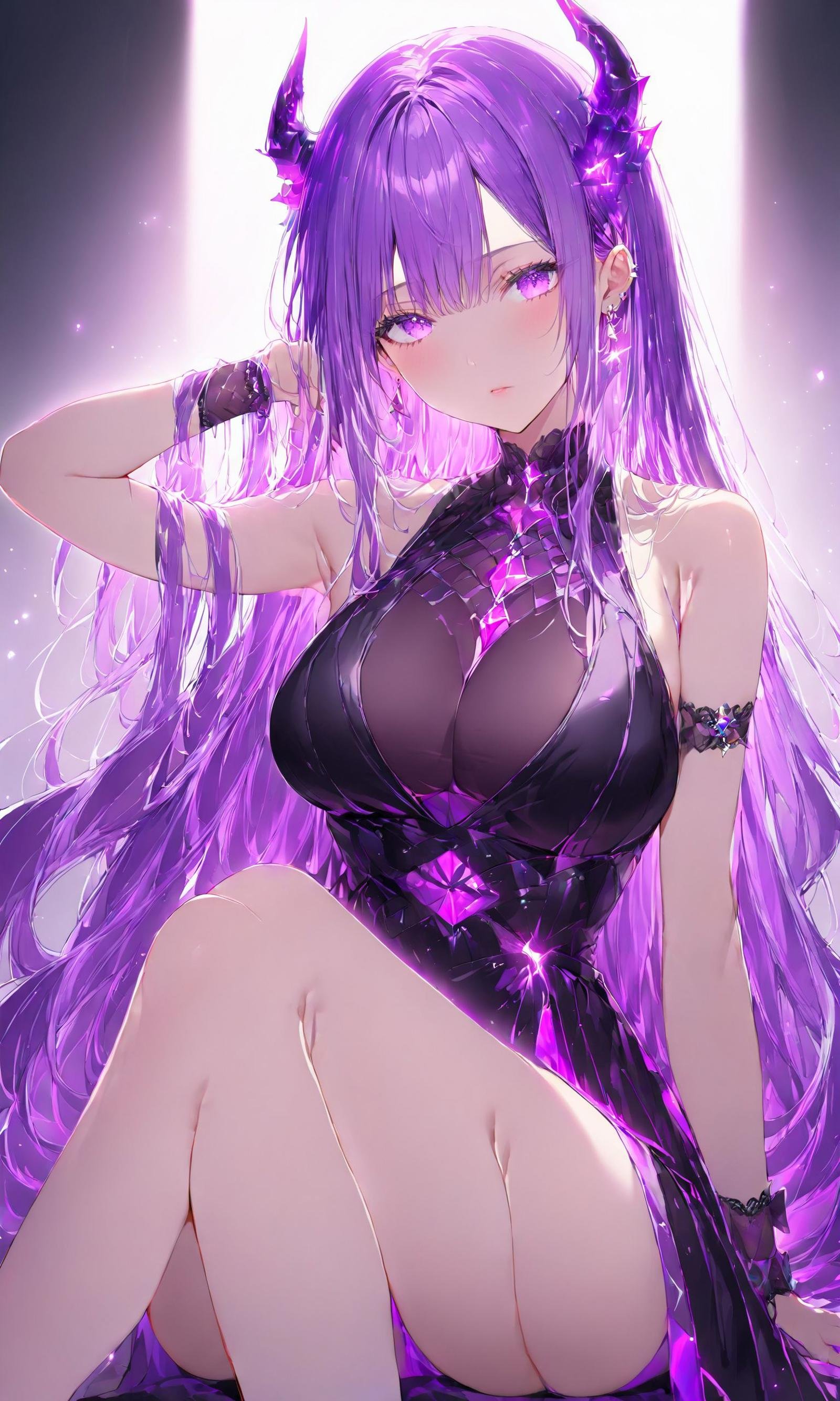 1girl, solo, long hair, breasts, looking at viewer, bangs, large breasts, dress, bare shoulders, jewelry, sitting, very long hair, purple eyes, purple hair, thighs, earrings, horns, sleeveless, black dress, arm up, wrist cuffs,masterpiece, best quality, score_9, score_8_up, score_7_up, ultra-detailed, Best-A, Medium-B, Low-C, Bad-D,   <lora:Poutlines:0.8>