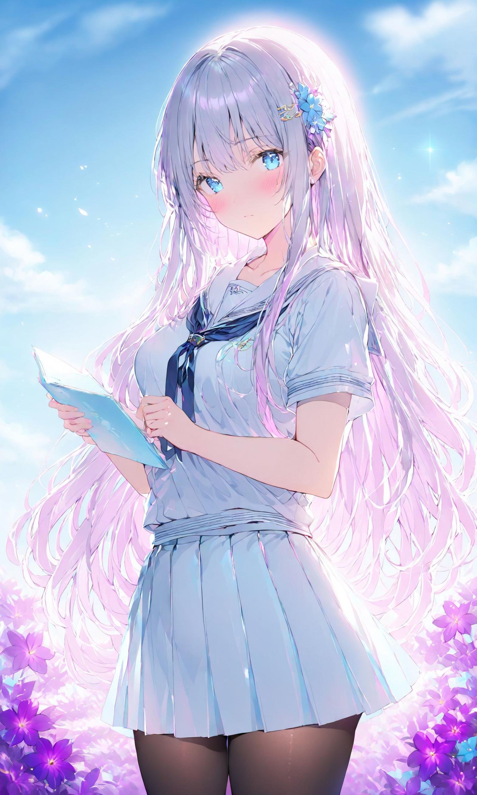 1girl, solo, long hair, looking at viewer, blush, bangs, blue eyes, skirt, shirt, hair ornament, holding, very long hair, closed mouth, school uniform, standing, white shirt, flower, short sleeves, grey hair, pantyhose, outdoors, sky, day, cloud, sailor collar, blue sky, black pantyhose, white skirt, cloudy sky, blue flower, purple flower,masterpiece, best quality, score_9, score_8_up, score_7_up, ultra-detailed, Best-A, Medium-B, Low-C, Bad-D,  <lora:Poutlines:0.8>