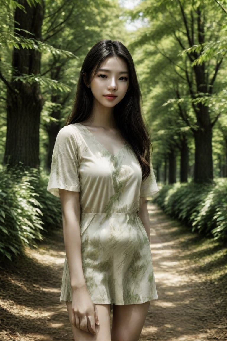 A tranquil scene unfolds as a lone Asian girl stands amidst a sea of fallen leaves in a dense forest, surrounded by towering trees that filter sunlight casting soft dappled shadows on her translucent skin. Her delicate features, highlighted with meticulous detail, are the focal point of the composition, inviting the viewer's gaze to linger on her serene expression.,Asian Best Face Ever,1girl