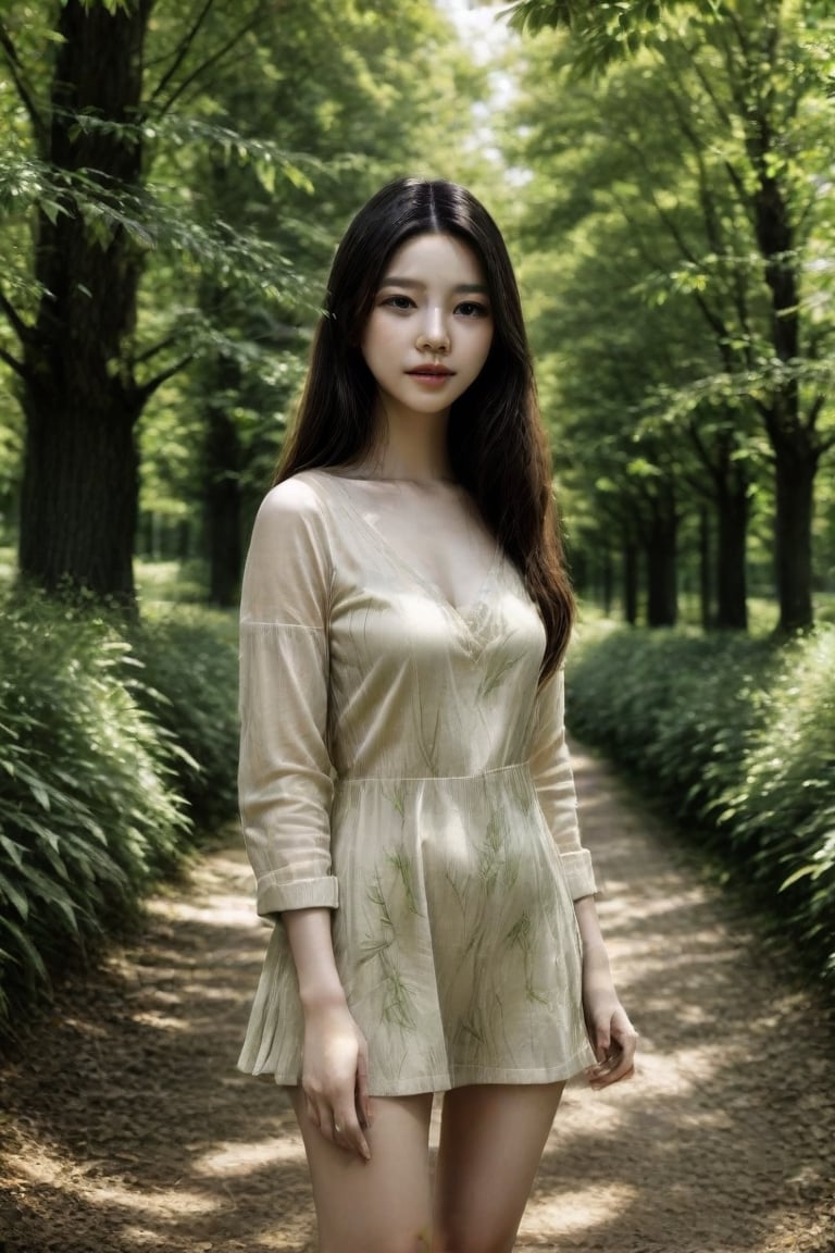 A tranquil scene unfolds as a lone Asian girl stands amidst a sea of fallen leaves in a dense forest, surrounded by towering trees that filter sunlight casting soft dappled shadows on her translucent skin. Her delicate features, highlighted with meticulous detail, are the focal point of the composition, inviting the viewer's gaze to linger on her serene expression.,Asian Best Face Ever,1girl