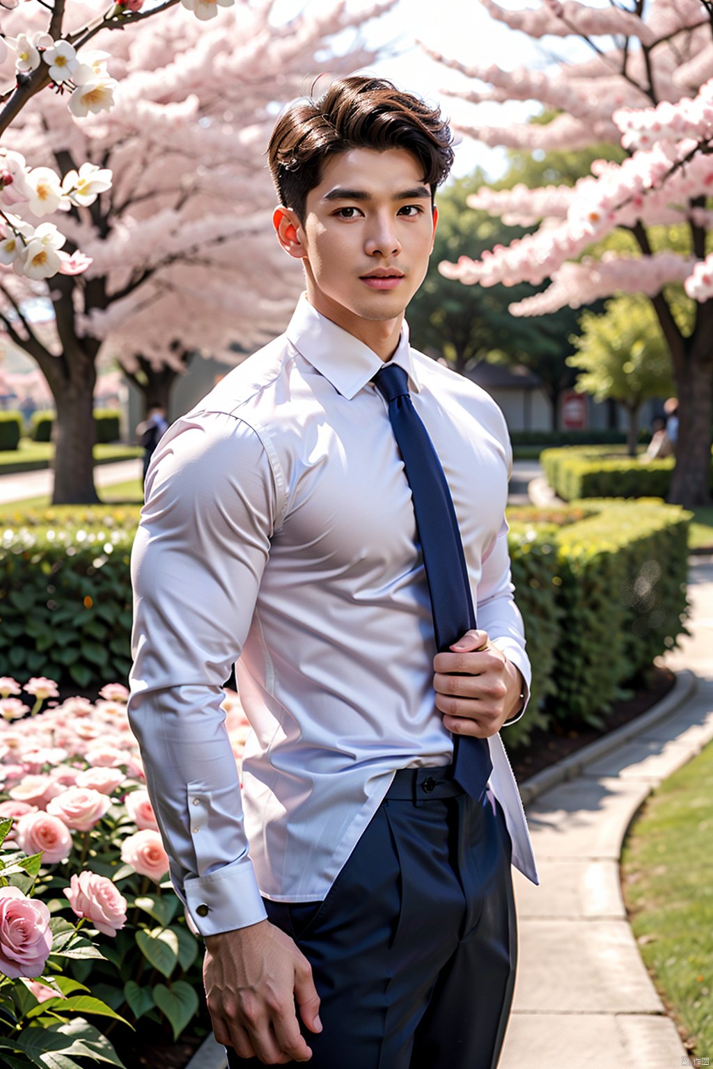 masterpiece,1 Boy,Handsome,Look at me,Brown eyes,Short hair,White shirt,Tie,22 years old,Outdoor,Garden,Cherry blossom,Flying petals,textured skin,super detail,best quality,