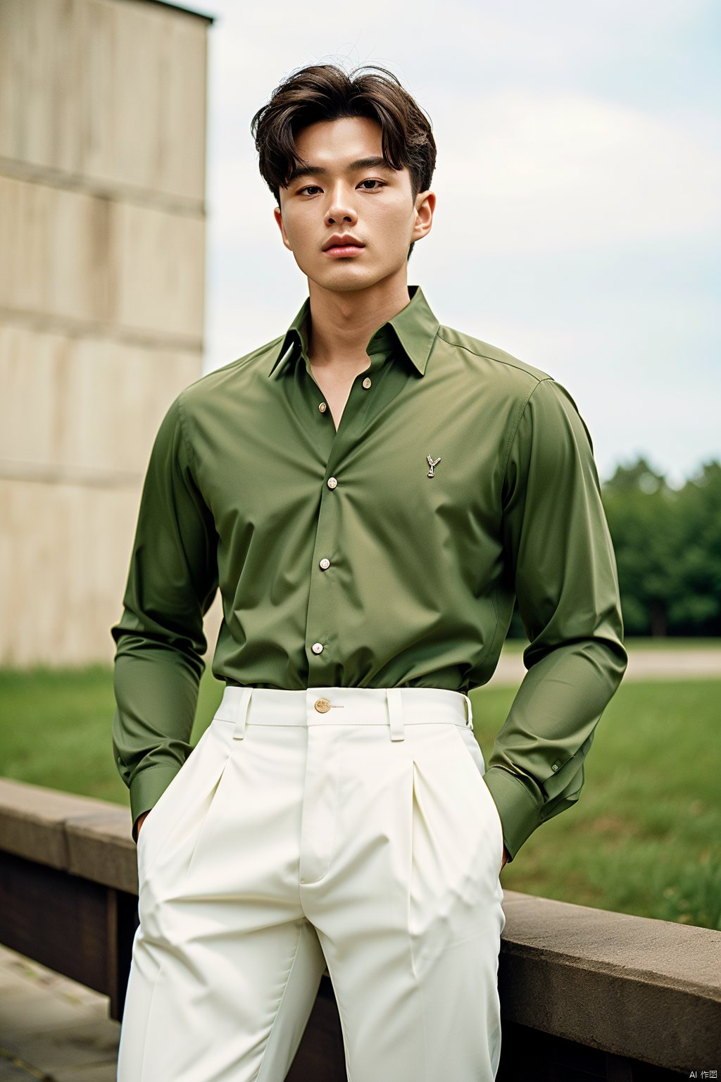 masterpiece,1 male,25 years old,Look at me,Korean male,Short hair,Muscular development,Pectoralis major,Collared shirt,Trousers,Outdoor,Realism,textured skin,super detail,best quality,Film Grain,