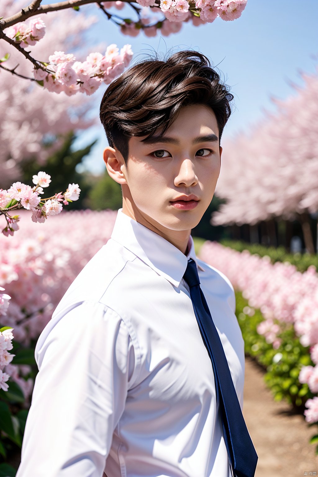 masterpiece, 1 Boy, 22 years old, Korean Men's Hair, Look at me, Brown eyes, Short hair, White shirt, Tie, Outdoor, Garden, Cherry blossom, Flying petals, textured skin, super detail, best quality