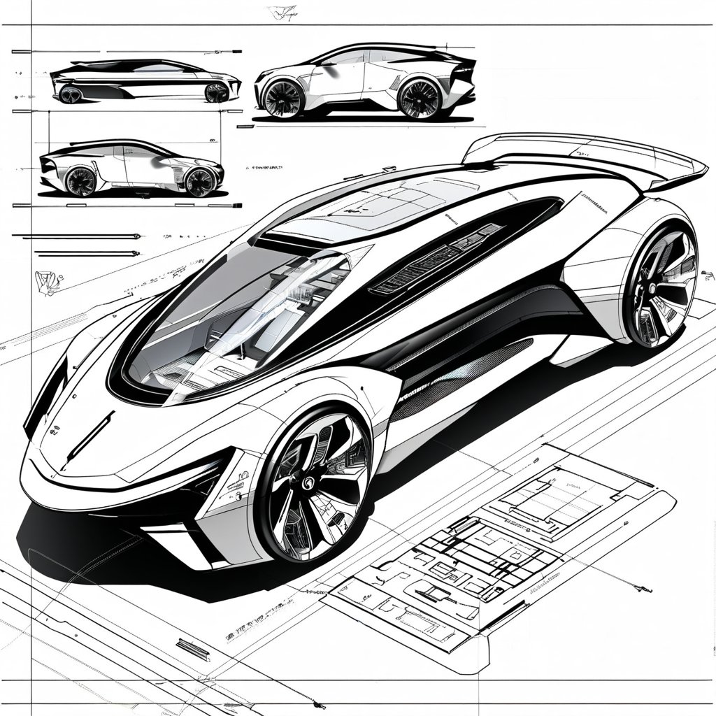 A futuristic blueprint-style illustration, sleek vehicle design with mechanical details, labeled parts, and dimensions. Background with a clean, technical grid. Monochrome color scheme, precise line work, technical drawing tools, vector clarity, industrial design influence.