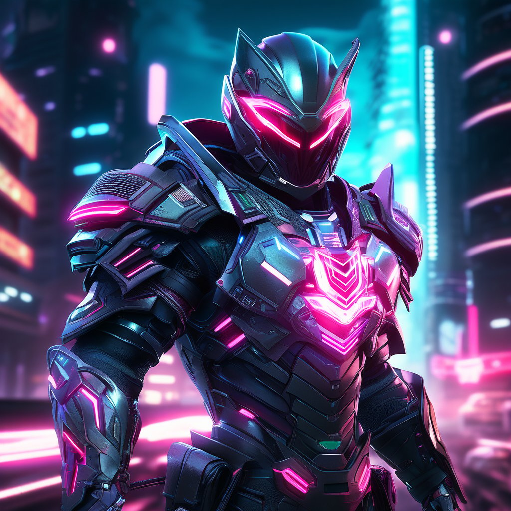 A 3D game character design of a futuristic cyberpunk warrior, clad in sleek armor with glowing neon accents. Dynamic pose with energy blades in hand. Background with a gritty, urban landscape. Details include highly detailed textures, cybernetic enhancements, and intricate armor patterns.