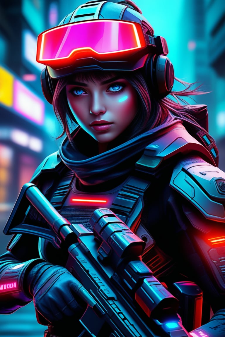 Cyberpunk Soldier Girl: high-tech armor, neon visor, glowing weaponry, sci-fi, cyber elements, urban battlefield, digital camouflage, intense expression, tech-enhanced