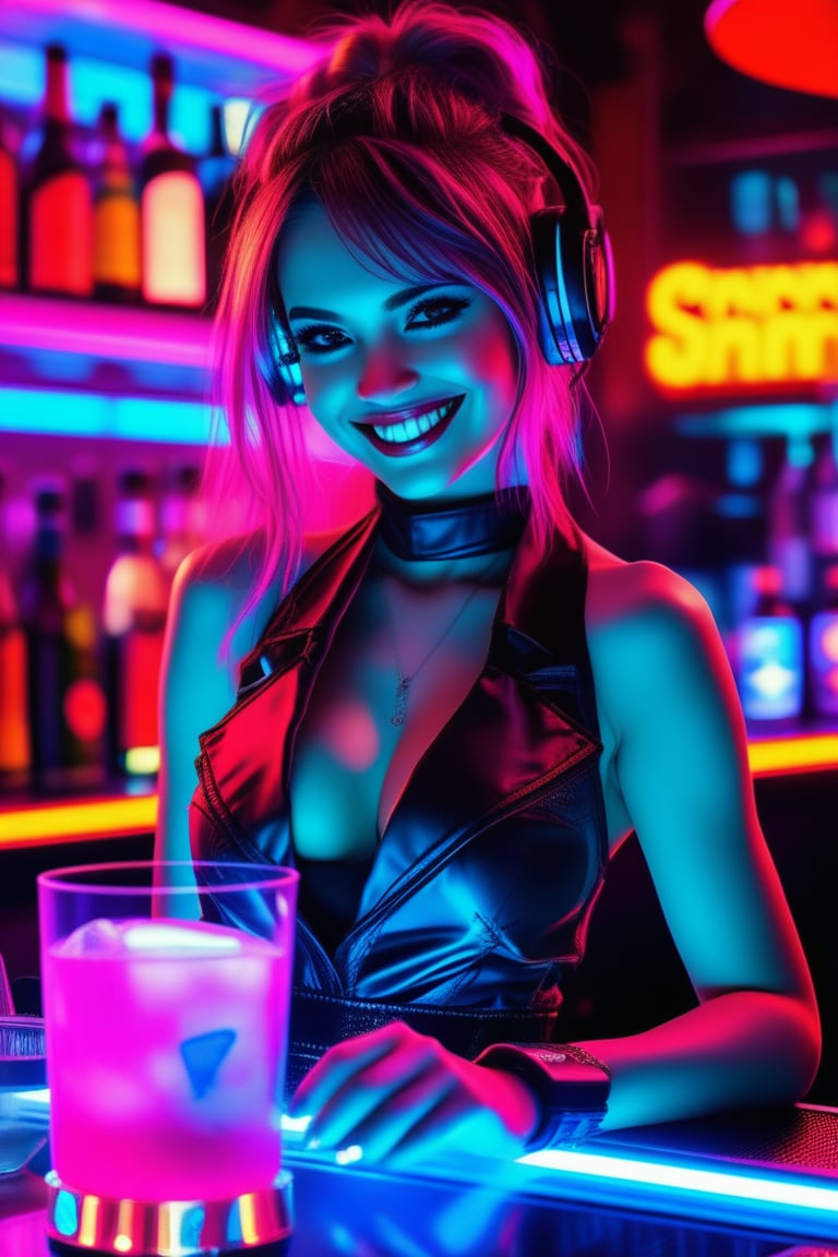 Cyberpunk Bartender Girl: neon-lit bar, glowing drinks, futuristic attire, sci-fi, cyber elements, urban nightlife, digital mixology, charismatic smile, high-tech bar.
