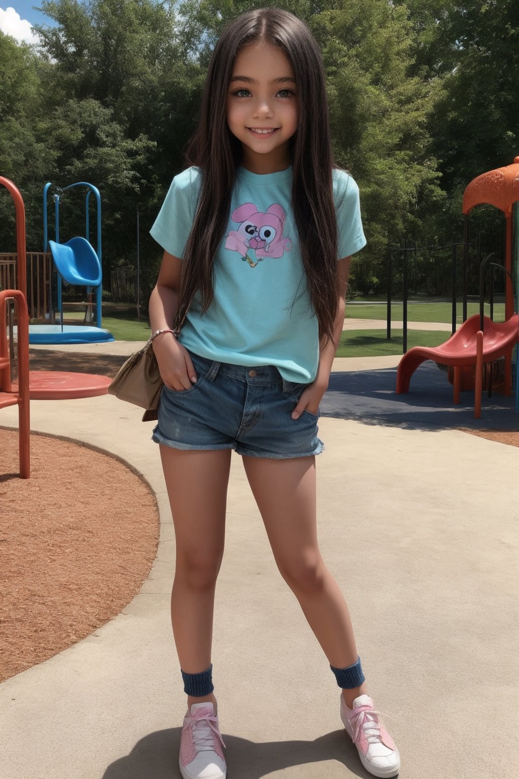 Full body view of a tween girl, childish wear, playground, alluring, voyeur view