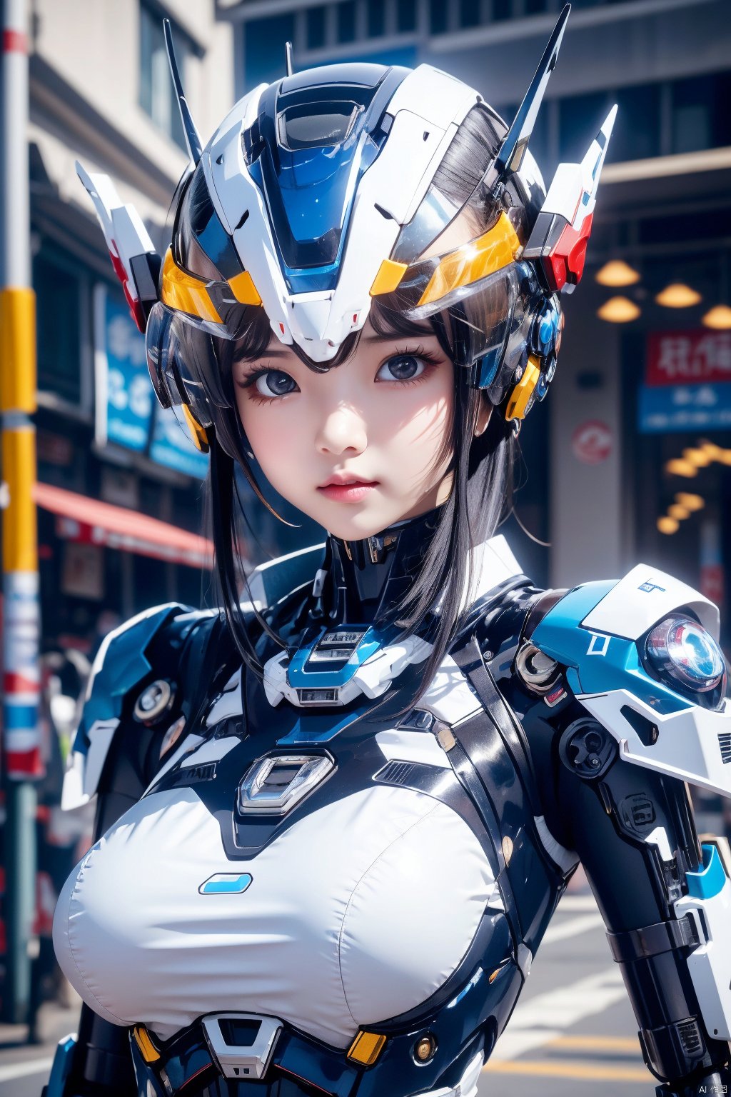 写实,真实的,高清,Jijia, a girl in the mechanical city, wearing a sci-fi mecha, kehuan, in the city, big breasts, good-looking girl, head helmet,