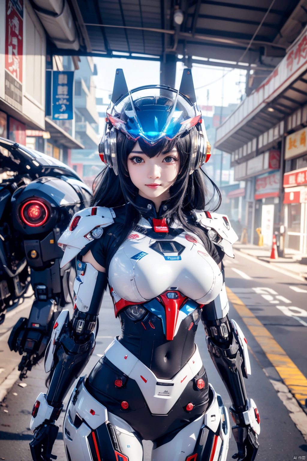 写实,真实的,高清,Jijia, a girl in the mechanical city, wearing a sci-fi mecha, kehuan, in the city, big breasts, good-looking girl, head helmet,