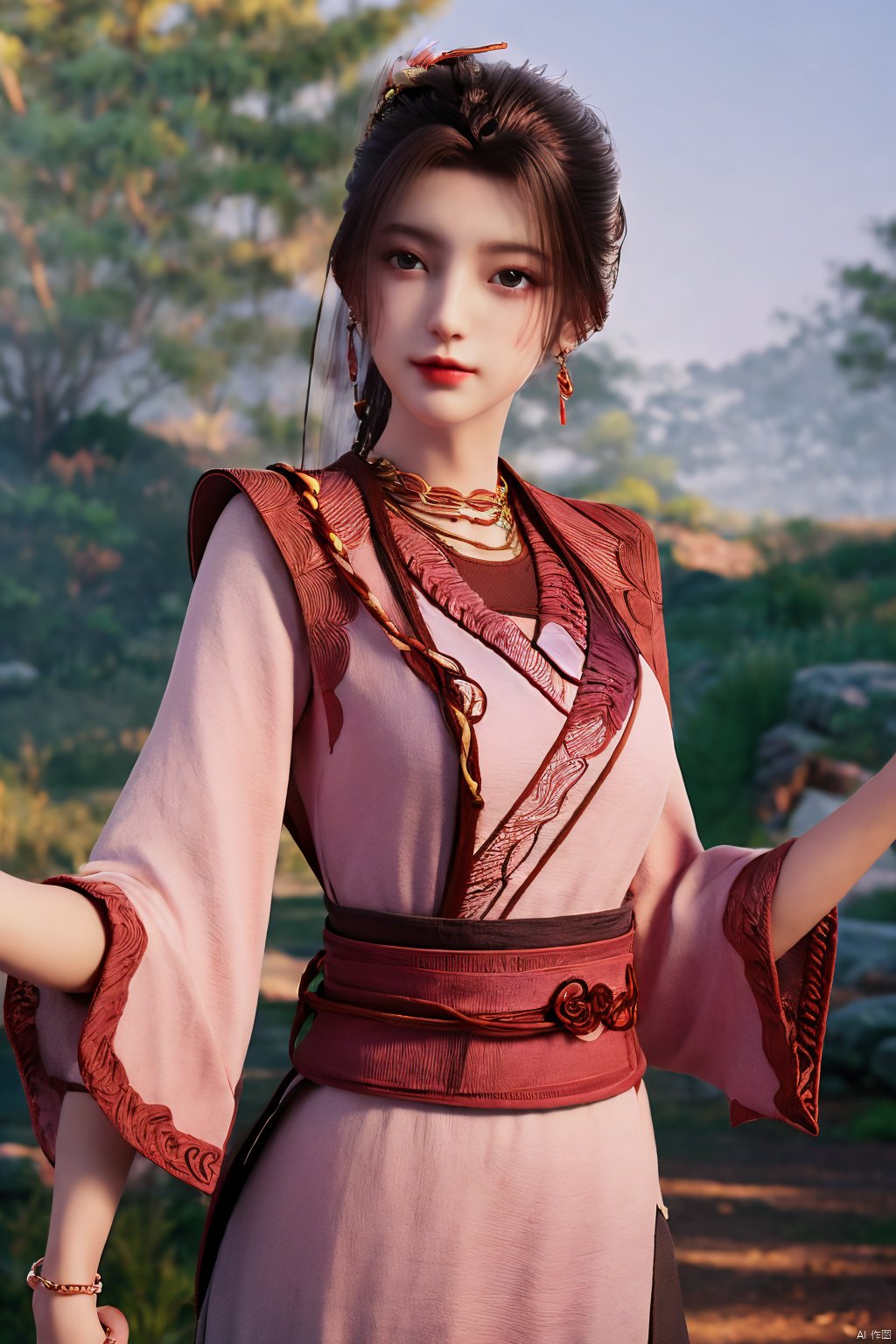 3D,masterpiece,(best quality),(makeup),official art, extremely detailed cg 8k wallpaper,((crystalstexture skin)), (extremely delicate and beautiful),(highly detailed),(1girl), (solo), (jewelry), (earrings),(long_hair),(black_hair),(hair_ornament),(handwear),(breasts),(standing),(braided_hair:1.000),,(upper_body),((dress,skirt)),(multicolored_clothes),(multicolored_dress),(chinese_clothes),(adapted_costume),((closed_mouth)),(sleeves),,(sunshine, outdoor),((looking_at_viewer)),((Facing the camera)),Xzhouxiaohuan