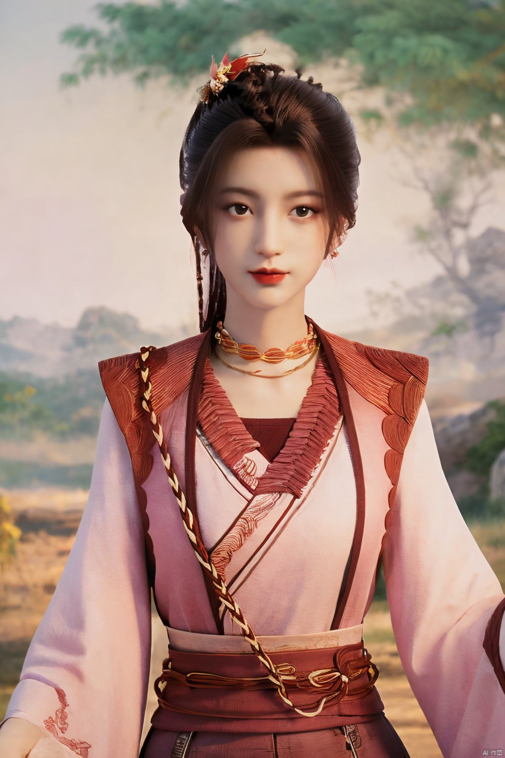 3D,masterpiece,(best quality),(makeup),official art, extremely detailed cg 8k wallpaper,((crystalstexture skin)), (extremely delicate and beautiful),(highly detailed),(1girl), (solo), (jewelry), (earrings),(long_hair),(black_hair),(hair_ornament),(handwear),(breasts),(standing),(braided_hair:1.000),,(upper_body),((dress,skirt)),(multicolored_clothes),(multicolored_dress),(chinese_clothes),(adapted_costume),((closed_mouth)),(sleeves),,(sunshine, outdoor),((looking_at_viewer)),((Facing the camera)),Xzhouxiaohuan