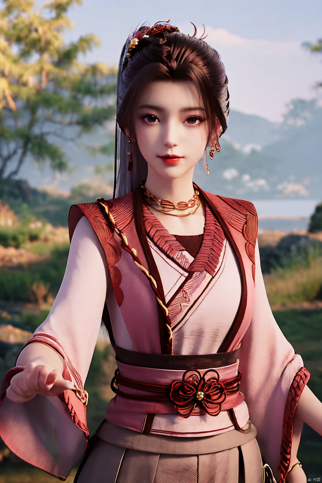 3D,masterpiece,(best quality),(makeup),official art, extremely detailed cg 8k wallpaper,((crystalstexture skin)), (extremely delicate and beautiful),(highly detailed),(1girl), (solo), (jewelry), (earrings),(long_hair),(black_hair),(hair_ornament),(handwear),(breasts),(standing),(braided_hair:1.000),,(upper_body),((dress,skirt)),(multicolored_clothes),(multicolored_dress),(chinese_clothes),(adapted_costume),((closed_mouth)),(sleeves),,(sunshine, outdoor),((looking_at_viewer)),((Facing the camera)),Xzhouxiaohuan