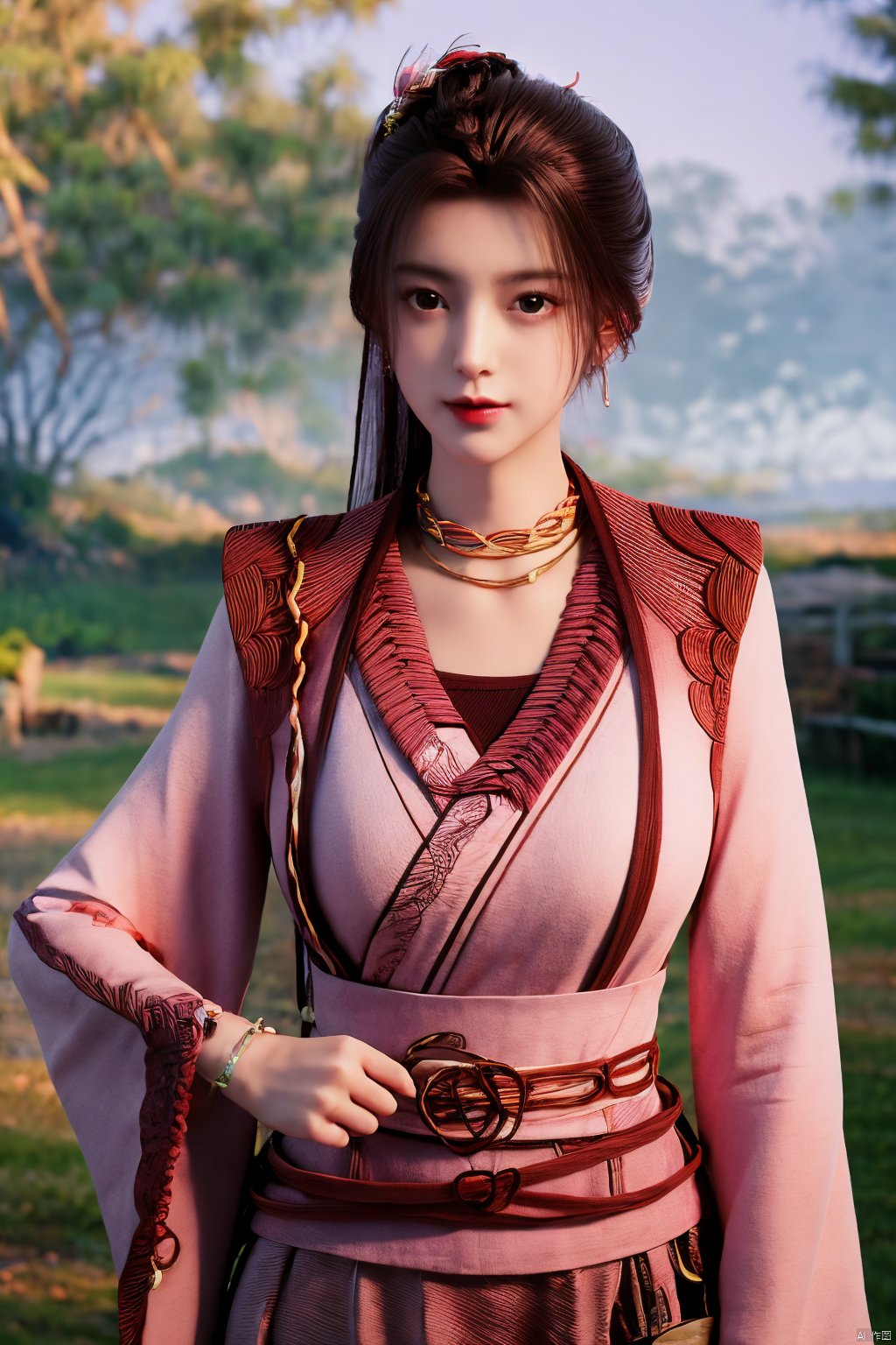 masterpiece,(best quality),(makeup),official art, extremely detailed cg 8k wallpaper,((crystalstexture skin)), (extremely delicate and beautiful),(highly detailed),(1girl), (solo), (jewelry), (earrings),(long_hair),(black_hair),(hair_ornament),(handwear),(breasts),(standing),(braided_hair:1.000),,(upper_body),((dress,skirt)),(multicolored_clothes),(multicolored_dress),(chinese_clothes),(adapted_costume),((closed_mouth)),(sleeves),,(sunshine, outdoor),((looking_at_viewer)),((Facing the camera)),Xzhouxiaohuan,(big breasts:1.53)