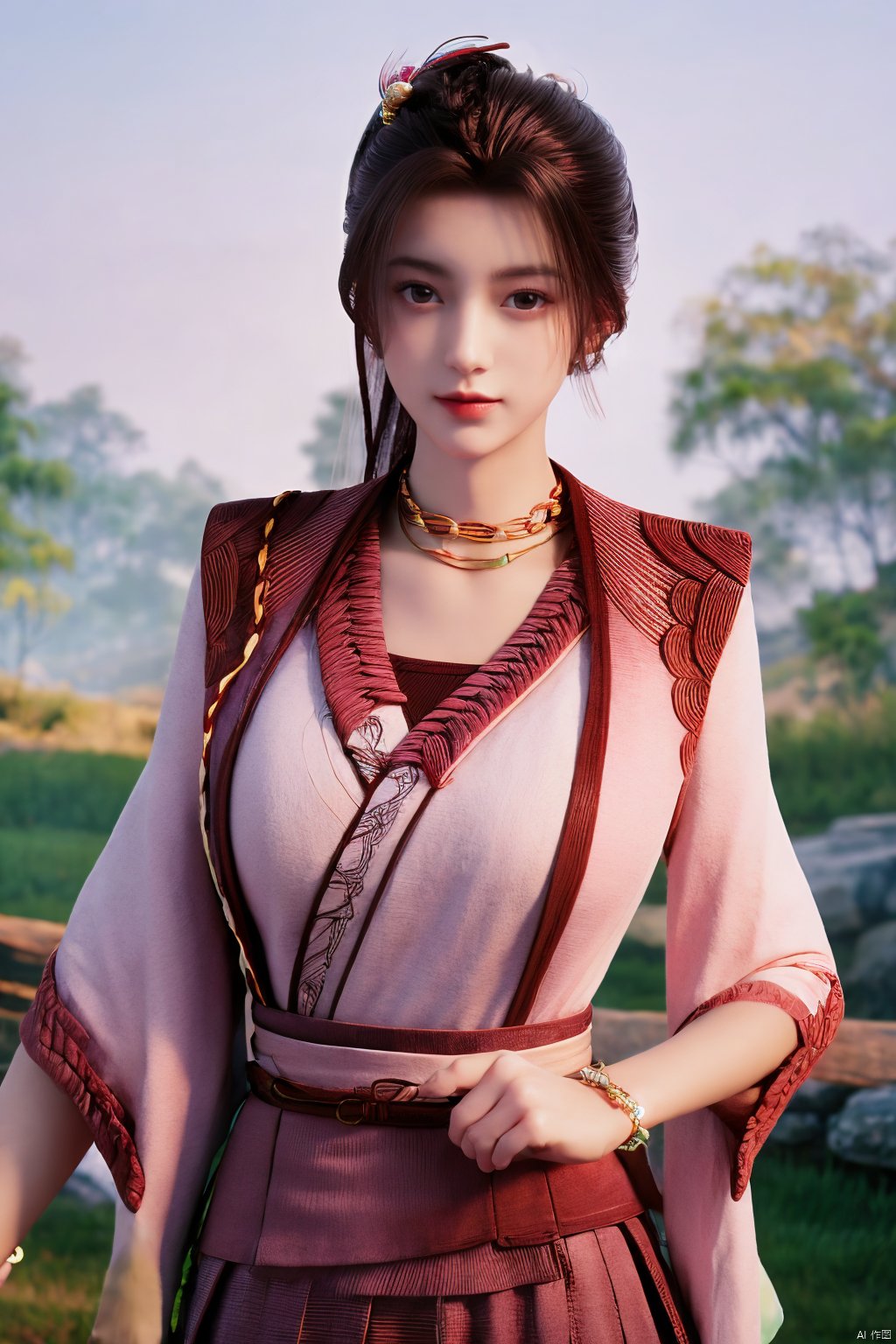 masterpiece,(best quality),(makeup),official art, extremely detailed cg 8k wallpaper,((crystalstexture skin)), (extremely delicate and beautiful),(highly detailed),(1girl), (solo), (jewelry), (earrings),(long_hair),(black_hair),(hair_ornament),(handwear),(breasts),(standing),(braided_hair:1.000),,(upper_body),((dress,skirt)),(multicolored_clothes),(multicolored_dress),(chinese_clothes),(adapted_costume),((closed_mouth)),(sleeves),,(sunshine, outdoor),((looking_at_viewer)),((Facing the camera)),Xzhouxiaohuan,(big breasts:1.53)