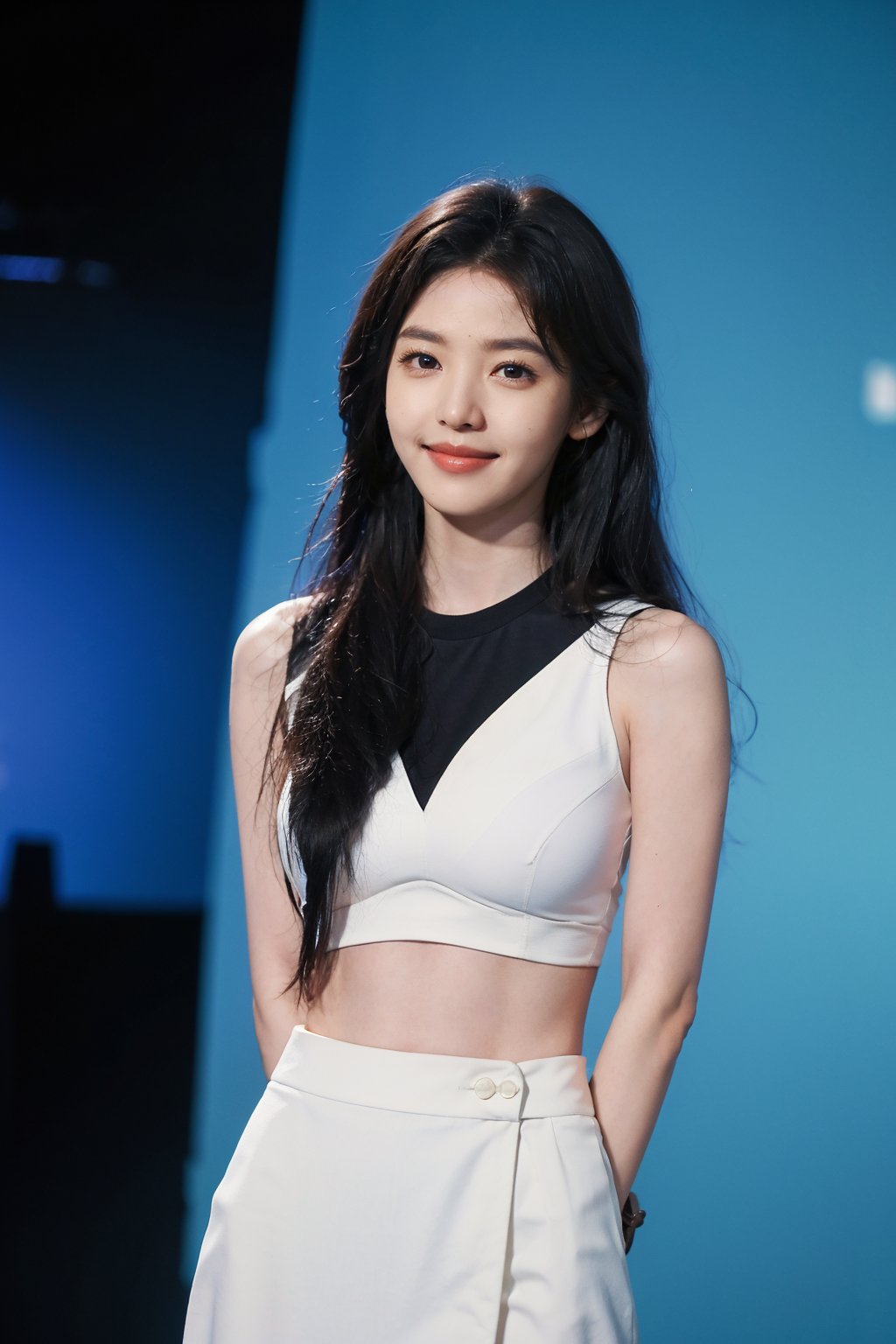 best quality,masterpiece,ultra high res,looking at viewer,simple background, 1girl, solo, looking_at_viewer, black hair,realistic,(standing),slim,(smile)(,hands_behind_back),