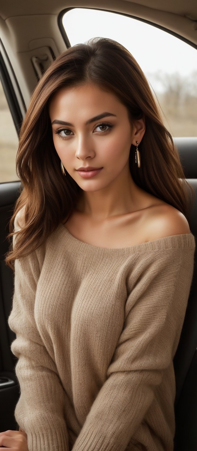 Generate hyper realistic image of a woman with mesmerizing brown hair, leans against a car, the white sweater dress she wears hugging her curves in all the right places. Her gaze is intense, her brown eyes locking onto yours with a hint of mischief, as she sits in the car's interior. With her hair falling delicately over her shoulders, she runs a hand through her locks, revealing a pair of elegant earrings that catch the light.