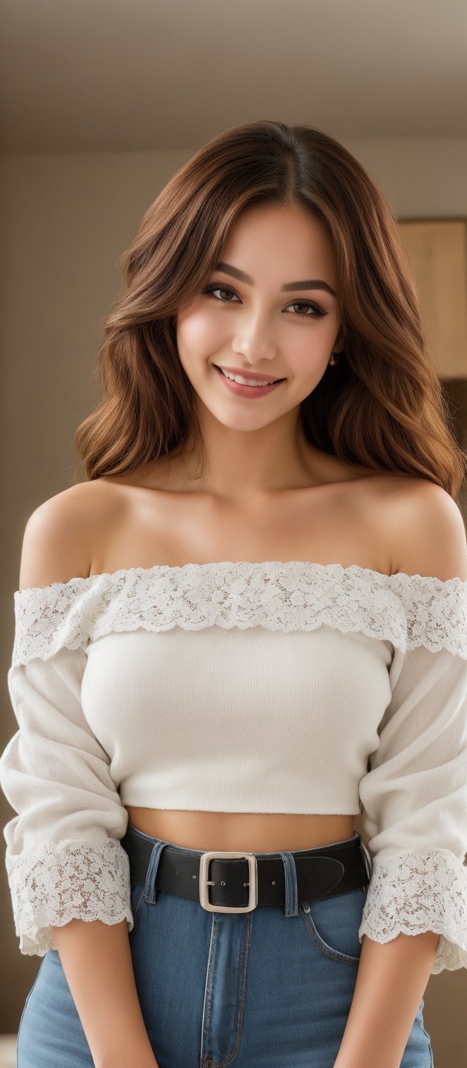 Generate hyper realistic image of a woman with vibrant, long, flowing hair that is a striking shade of orange, styled in soft, loose waves. Her makeup is natural, highlighting her eyes with subtle eyeliner and mascara, and her lips are a soft. She is smiling brightly. She is wearing a white, off-the-shoulder crop top made from a delicate lace fabric. The top has a loose, flowing fit with short, wide sleeves. She pairs the top with high-waisted jeans in a medium blue wash. The jeans fit snugly and have a silver belt with a round buckle. The background is indoors, in a home, but it is slightly blurred.