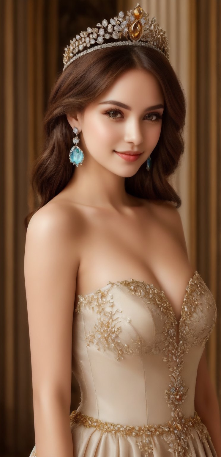 Very beautiful and charming girl, tender smile, silver long hair. She wears a very fancy and chaste princess outfit (Beautiful and elegant princess dress, silver tiara, elengat golden hairpin, beatiful earrings, elegant jewelry). Beautiful skin. Beautitul and detailed eyes. cyan eyes. Her eyes shine, her hair looks nice and shines too. Himecut hairstyle, golden earrings, shining golden hairpin. She's walking in the palace. Sunny day. That feminine beauty is present in her.,Girl,photorealistic