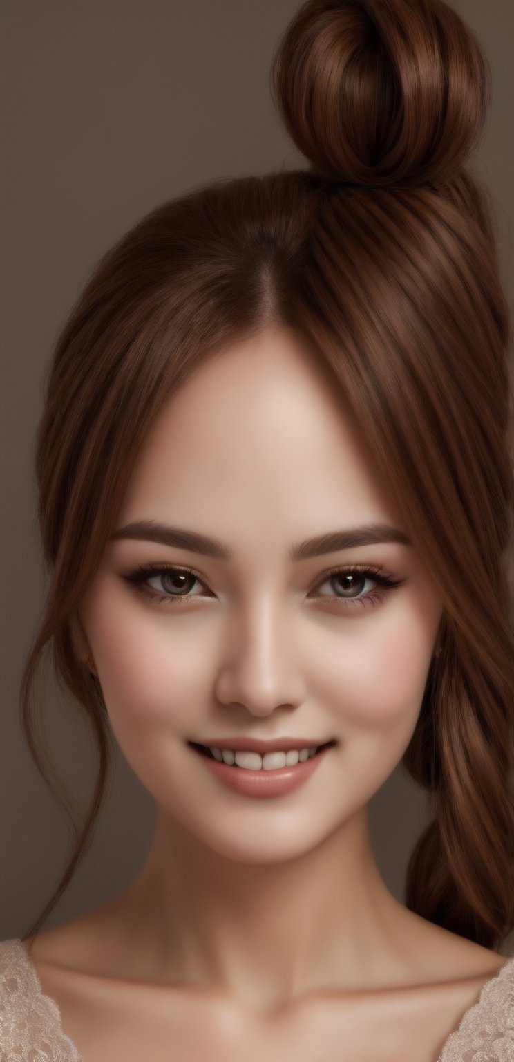 (8k,masterpiece, best quality, highres), 1girl,long hair,(side ponytail:1.2) , brown hair,brown eyes, big smile,(closed mouth:1.1) ,delicated eyes, delicated face,hair accessories,focus,portrait,Girl,photorealistic