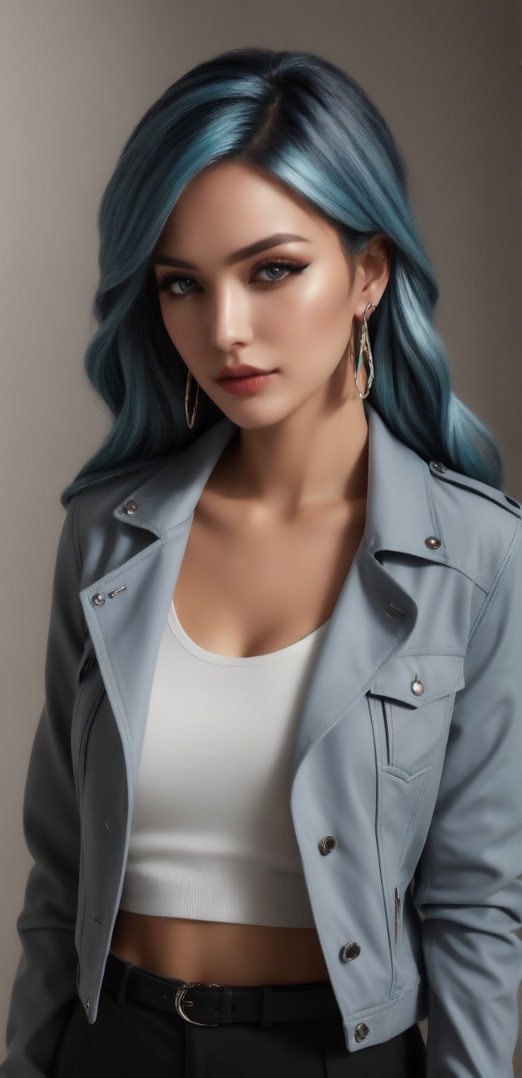 Generate hyper realistic image of a woman with long, flowing blue hair cascading over her shoulders, her piercing blue eyes locked onto the viewer with intensity. She stands confidently, wearing a stylish white jacket with long sleeves, complemented by a braided belt and matching pants. Adorned with subtle makeup and nail polish, she exudes an air of sophistication, with hoop earrings framing her face.