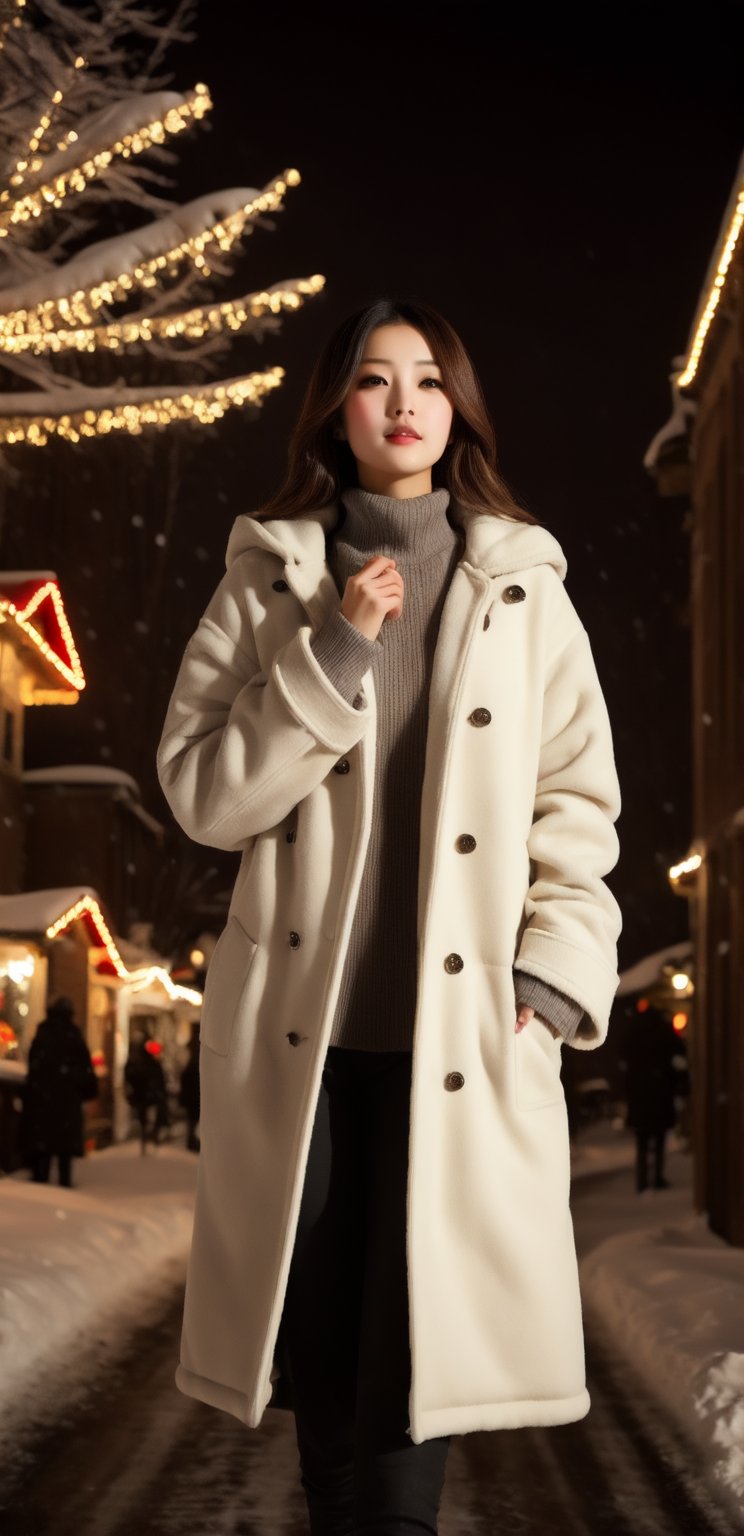 cute girl, long hair, fashion winter coat, big coat, Wear a coat over a hoodie, standing looking up snow is falling, winter night city, snowing, 4K, ultra HD, RAW photo, realistic, masterpiece, best quality, beautiful skin, white skin, 50mm, medium shot, outdoor, half body, photography, Portrait, ,chinatsumura, high fashion, snowflakes, dynamic light, warm lights, christmas lights, festival atmosphere