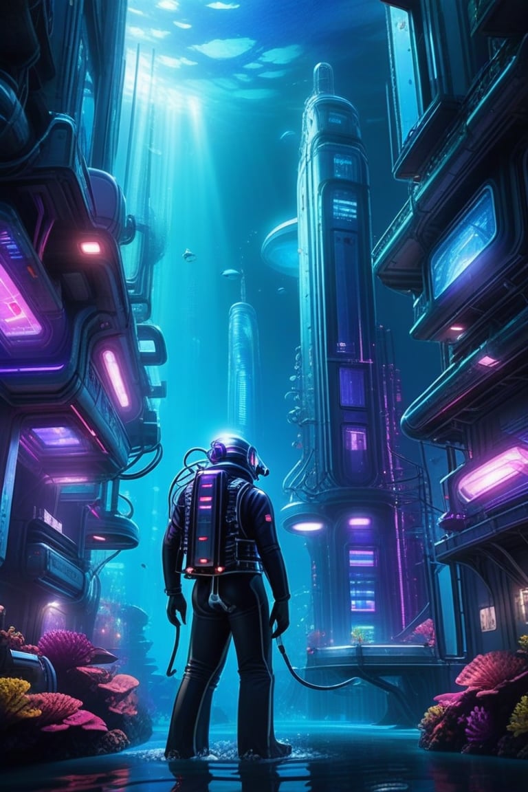 Prompt: Underwater Cyber City: A half-body view of a diver, wearing advanced, high-tech equipment, exploring an awe-inspiring, underwater city, with towering, glass structures, glowing neon lights, and marine creatures swimming around, creating an otherworldly, immersive scene,
