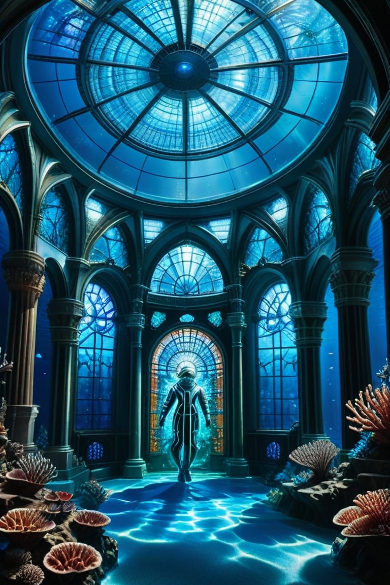 In a majestic, underwater cathedral crafted from delicate coral and gleaming glass, a Submarine Cathedral Keeper drifts, clad in ornate, age-old armor. The diver's visage is serene as they suspend within the tranquil depths. Above, shafts of light pierce the surface, casting kaleidoscopic patterns on the walls. Schools of bioluminescent fish dart about, forming mesmerizing stained glass windows that seem to shift and shimmer like sacred icons. The atmosphere is one of profound reverence for the mysteries of the deep blue sea.