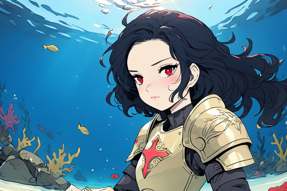 1girl, underwater, solo, black hair, pale skin, red eyes, military armor