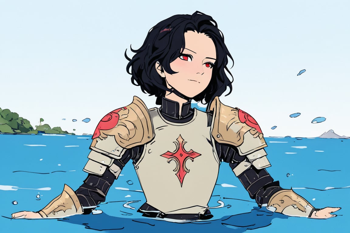 1girl, swimming, solo, pauldrons, armor, black hair, pale skin, red eyes, scale armor, shoulder armor,