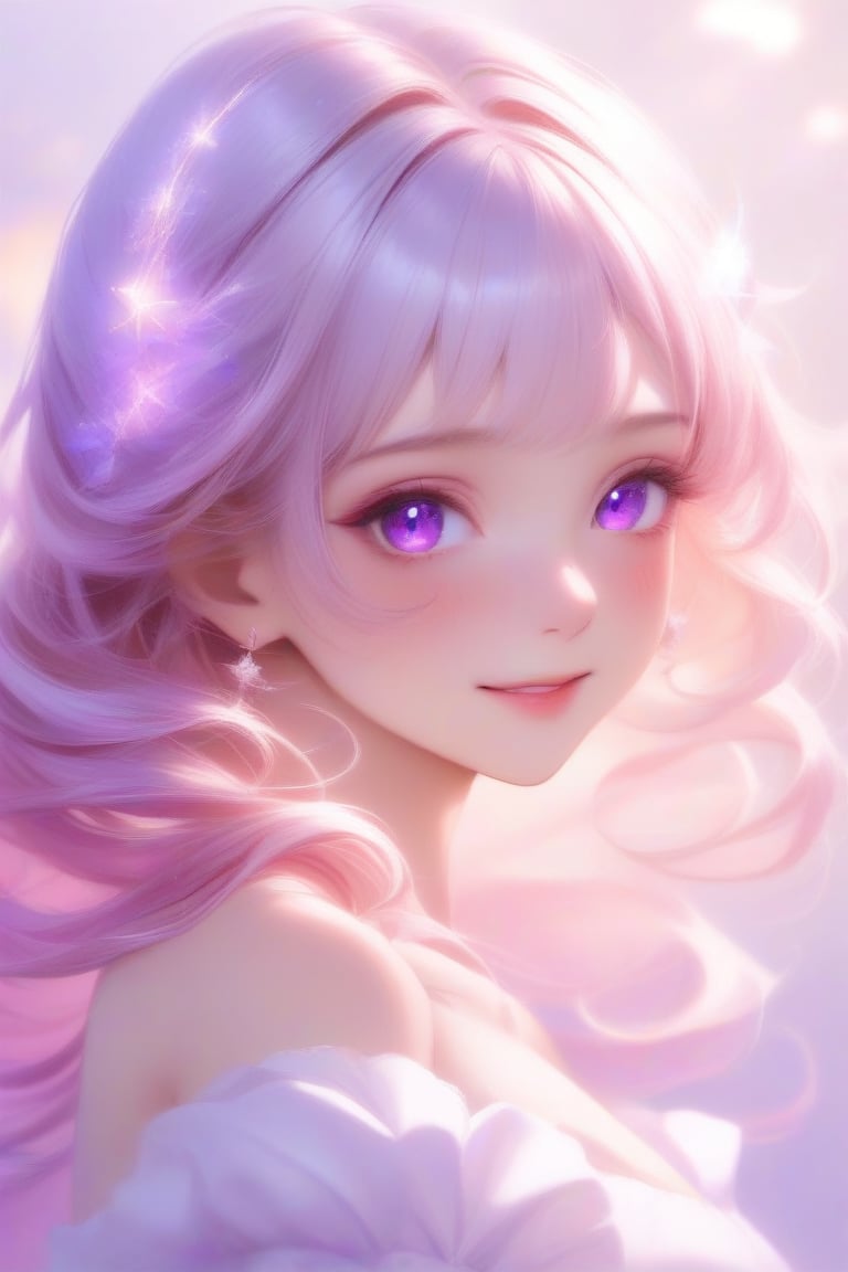 anitrait, A whimsical portrait of a girl with striking features. The framing is tight, focusing on her enchanting face. Soft, pastel pink hair swirls around her like a fiery halo. Her eyes are an otherworldly purple, shimmering like amethyst in the warm light. The background is a blurred wash of cream and lavender, allowing her mesmerizing gaze to take center stage.