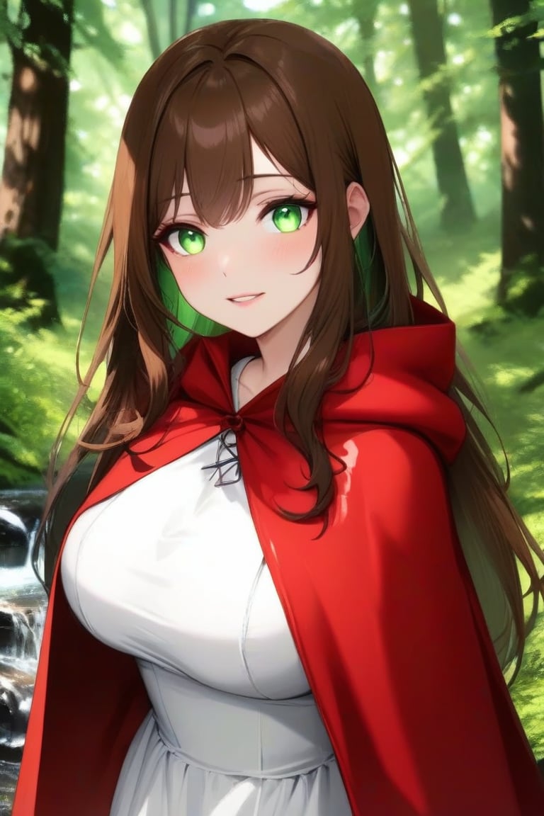 anitrait, a woman with long brown hair and green eyes. She is wearing a red cloak over a white dress. The setting appears to be a forest with trees in the background.