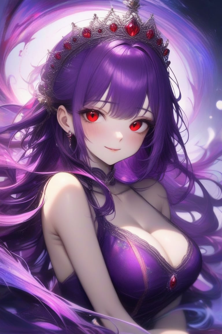 anitrait, A mystical vision unfolds: a girl with vibrant purple locks frames her face like a regal crown. Her red eyes gleam like rubies, radiating an otherworldly intensity as she sits amidst a swirl of creative chaos. Brushstrokes of artistic genius surround her, a testament to the masterpiece that is her very being.