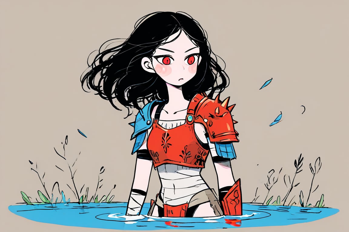 1girl, swimming, solo, pauldrons, armor, black hair, pale skin, red eyes, scale armor, shoulder armor,daiton style