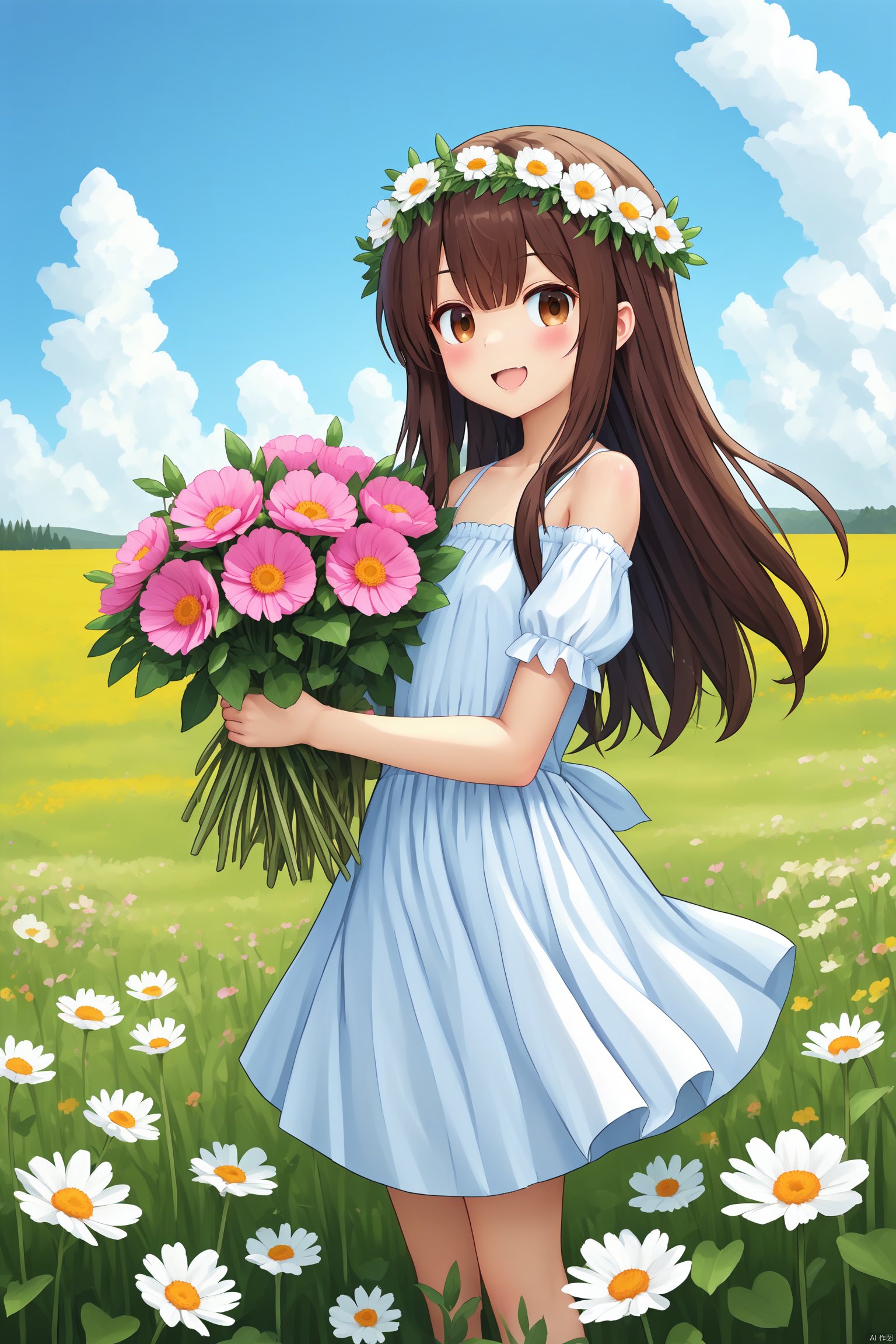 1girl, blue_flower, blue_sky, bouquet, breasts, brown_hair, closed_mouth, cloud, daisy, day, dress, field, flower, flower_field, grass, head_wreath, holding_bouquet, holding_flower, hydrangea, laurel_crown, lily_\(flower\), long_hair, looking_at_viewer, outdoors, petals, pink_flower, plant, purple_eyes, purple_flower, rose, sky, smile, solo, standing, sword, very_long_hair, white_dress, white_flower, white_rose, wreath