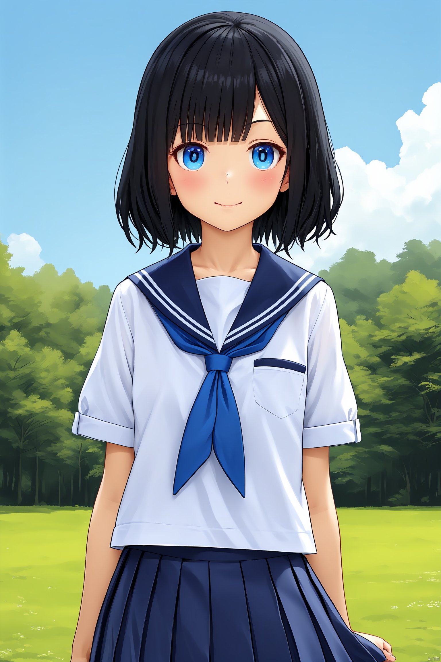 1girl, bangs, black_hair, blue_sailor_collar, blue_skirt, long_sleeves, outdoors, pleated_skirt, sailor_collar, school_uniform, serafuku, shirt, short_hair, skirt, sky, solo, white_shirt