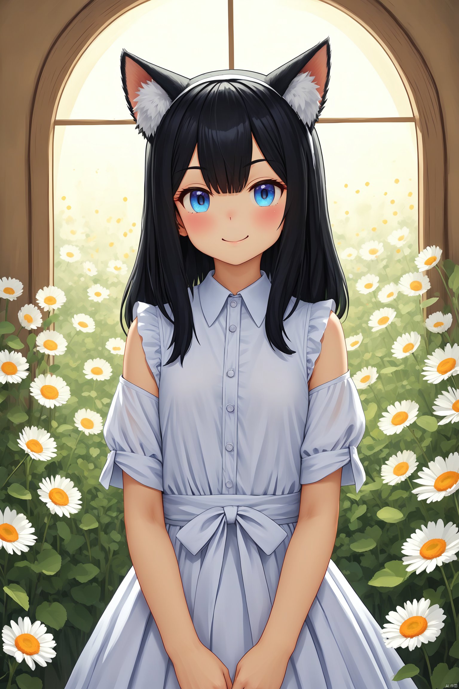 1girl, animal_ear_fluff, animal_ears, apron, bangs, black_flower, black_hair, blue_flower, blush, bouquet, cat_ears, closed_mouth, daisy, door, eyebrows_visible_through_hair, flower, flower_field, hand_on_own_chest, hand_up, holding_bouquet, holding_flower, hydrangea, indoors, juliet_sleeves, lily_\(flower\), long_sleeves, maid, maid_headdress, orange_flower, pink_flower, plant, potted_plant, puffy_sleeves, purple_eyes, purple_flower, red_flower, rose, round_window, shirt, smile, solo, standing, tulip, vase, white_apron, white_flower, white_rose, white_shirt, window, yellow_flower