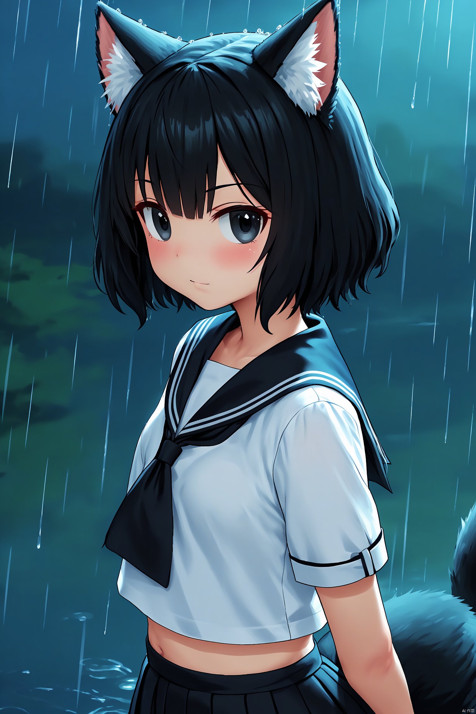 animal_ears, 1girl, black_hair, sailor_collar, solo, short_hair, cat_ears, school_uniform, serafuku, black_sailor_collar, upper_body, rain, shirt, white_shirt, long_sleeves, night, closed_mouth, scenery, bangs