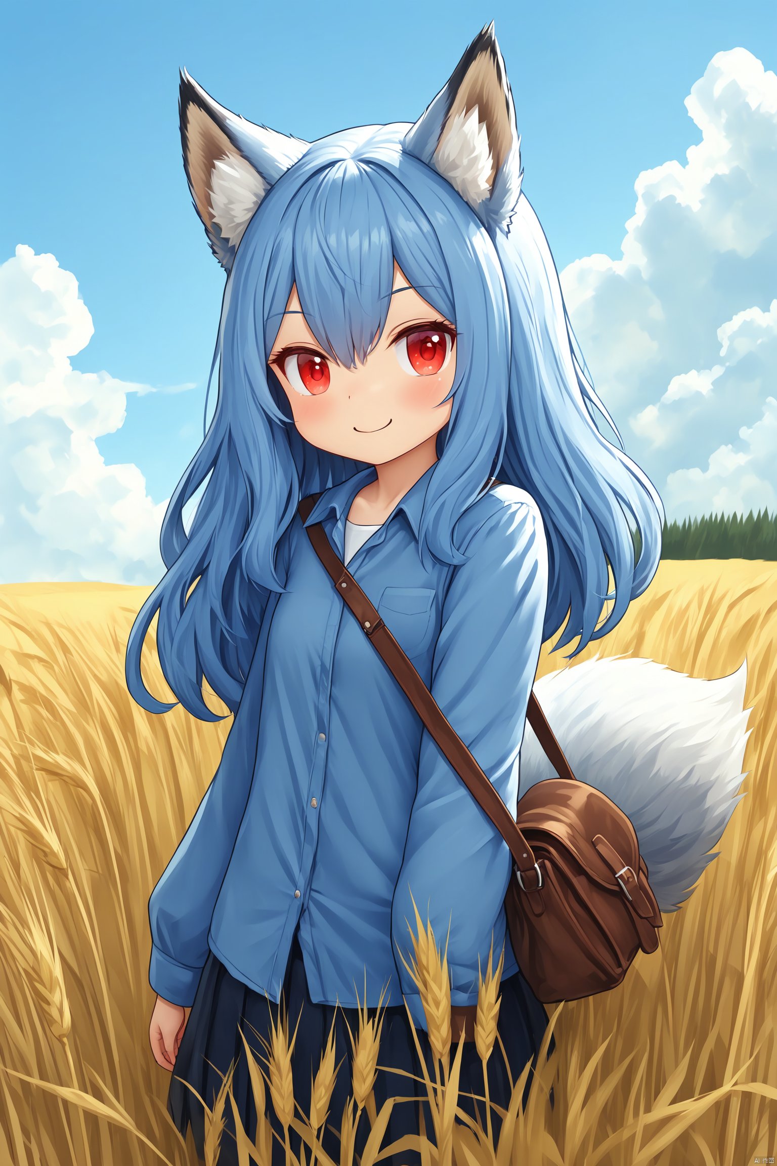 1girl, holo, animal_ears, long_hair, solo, brown_hair, wolf_ears, outdoors, sky, red_eyes, letterboxed, field, wheat, fang, looking_at_viewer, wolf_girl, cloud, day, smile, hand_in_own_hair, vest, blue_sky, shirt, blush, pouch