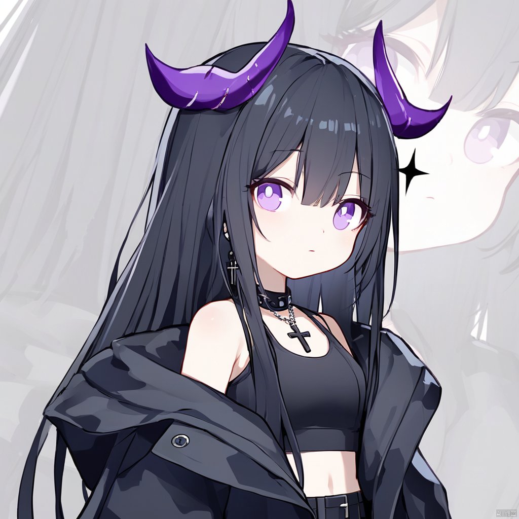 (monochrome),greyscale,flat color,1girl,solo,surtr_\(arknights\),horns,purple eyes,glowing eyes,black hair,long hair,bangs,hair between eyes,demon horns,shirt,black shirt,choker,black choker,official alternate costume,necklace,off shoulder,short sleeves,jacket,cross necklace,jewelry,black jacket,looking at viewer,upper body,expressionless,close-up,pov,from below,masterpiece,bestquality,onnk,Q