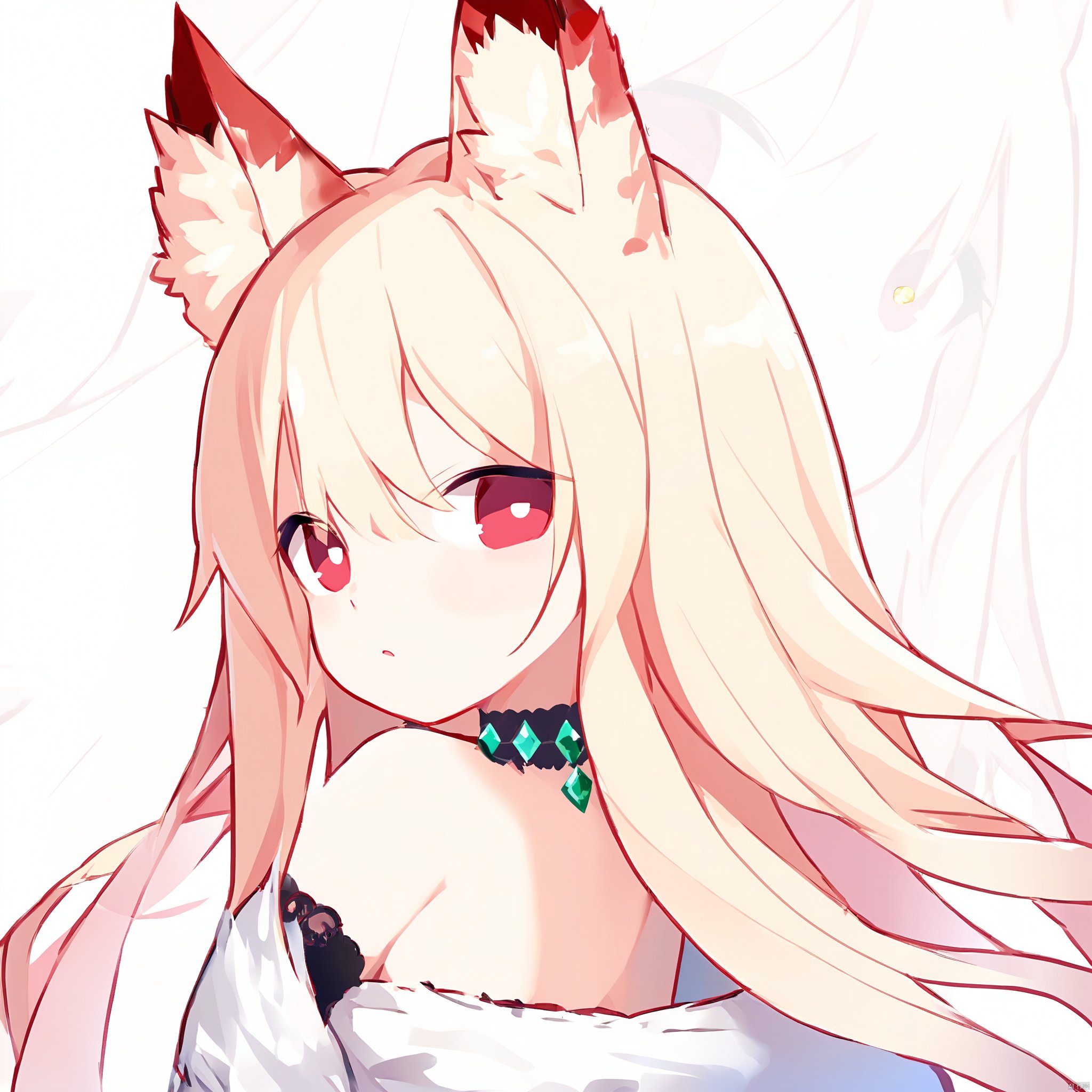 1girl,long hair,breasts,animal ears,solo,jewelry,earrings,navel,looking at viewer,cleavage,bare shoulders,parted lips,detached sleeves,cat ears,medium breasts,lips,strapless,red lips,blonde hair,midriff,collarbone,necklace,see-through,very long hair,gem,bangs,