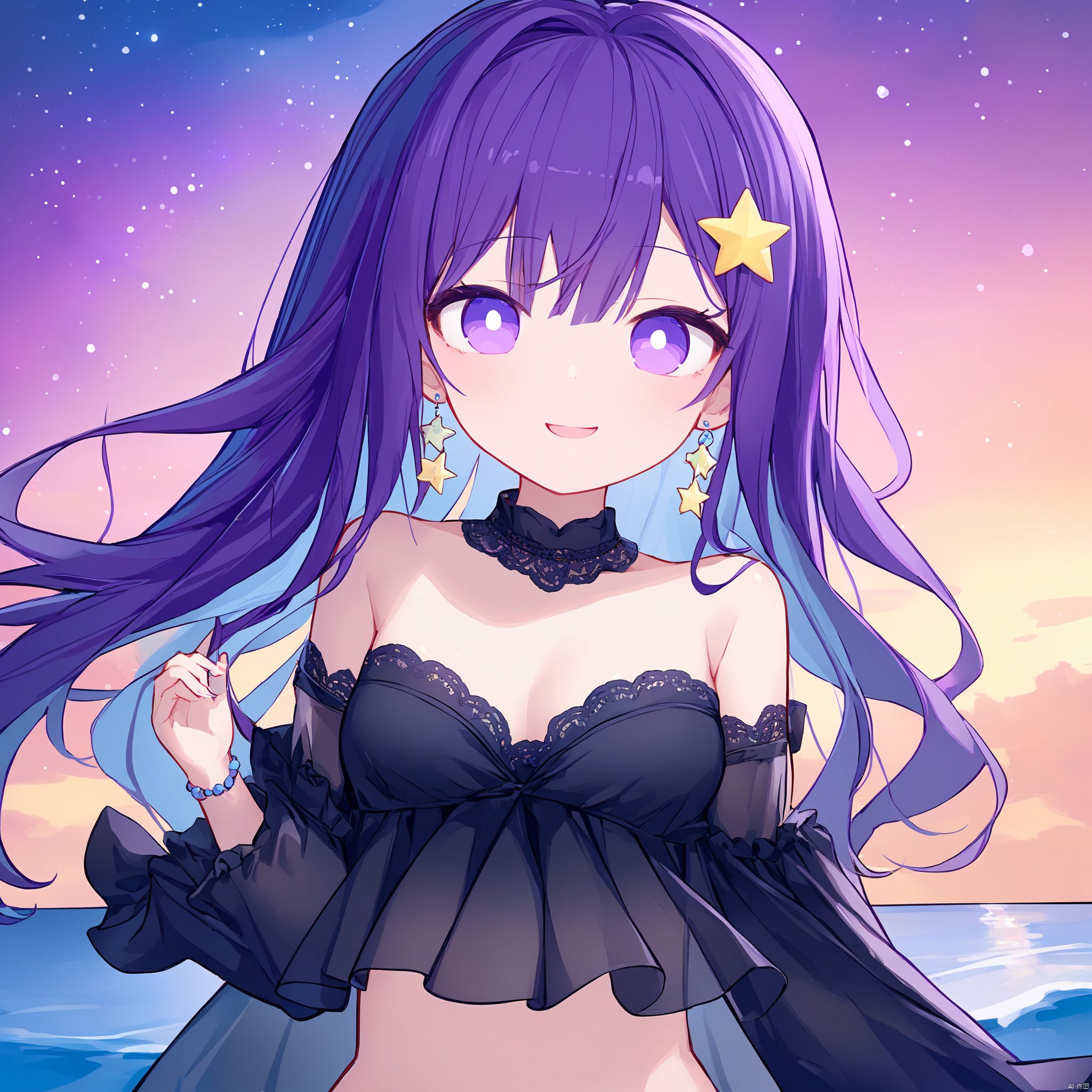 1girl, solo, long hair, breasts, looking at viewer, smile, bangs, black hair, hair ornament, long sleeves, dress, bow, bare shoulders, jewelry, medium breasts, very long hair, closed mouth, standing, purple eyes, purple hair, hair bow, pantyhose, multicolored hair, cowboy shot, earrings, small breasts, outdoors, frills, detached sleeves, sky, choker, blunt bangs, water, hair over one eye, black dress, two-tone hair, black pantyhose, night, frilled dress, star \(sky\), night sky, index finger raised, starry sky, colored inner hair, black sleeves