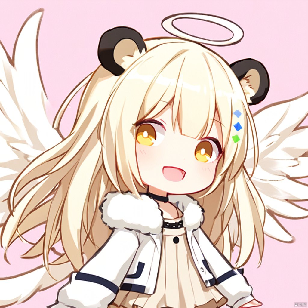 mercury,1girl,Noyu,0,blue eyes,multiple girls,heterochromia,minigirl,bear ears,animal ears,halo,off shoulder,closed mouth,blonde hair,chibi,wings,bangs,detached wings,blush,long hair,hair bow,sleeves past wrists,red eyes,bow,5girls,white hair,black hair,mini wings,hair between eyes,jacket,bare shoulders,brown hair,brown eyes,looking at viewer,long sleeves,puffy sleeves,two side up,sleeveless,white wings,puffy long sleeves,shirt,smile,white shirt,twintails,upper body,sleeves past fingers,cat ears,yellow eyes,hair ornament,angel wings,black jacket,open mouth,open jacket,Cu,